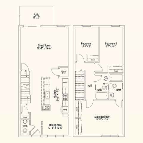 Floor plan for 3 beds, 2.5 baths, 1289 sqft